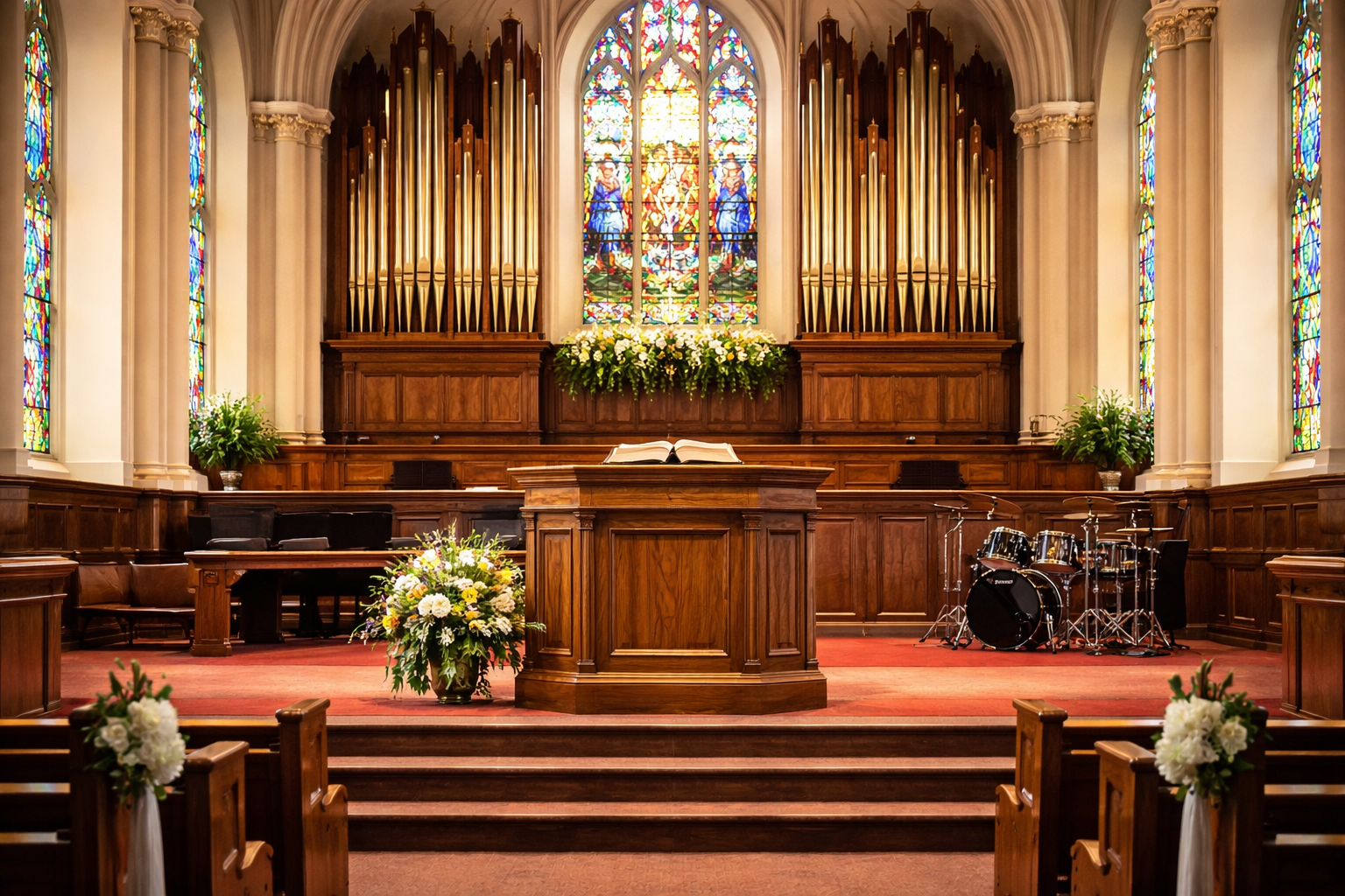 Igreja com órgão e bateria